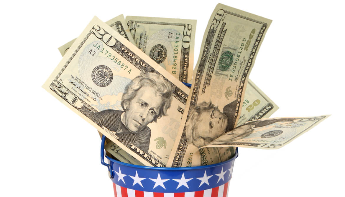 ​red white and blue bucket with $20 bills 