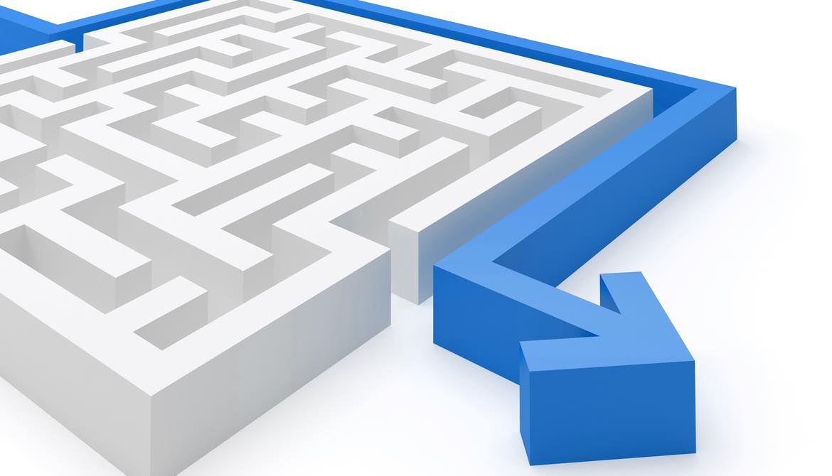 blue arrow going around the edge of a white maze showing the easy way to business banking