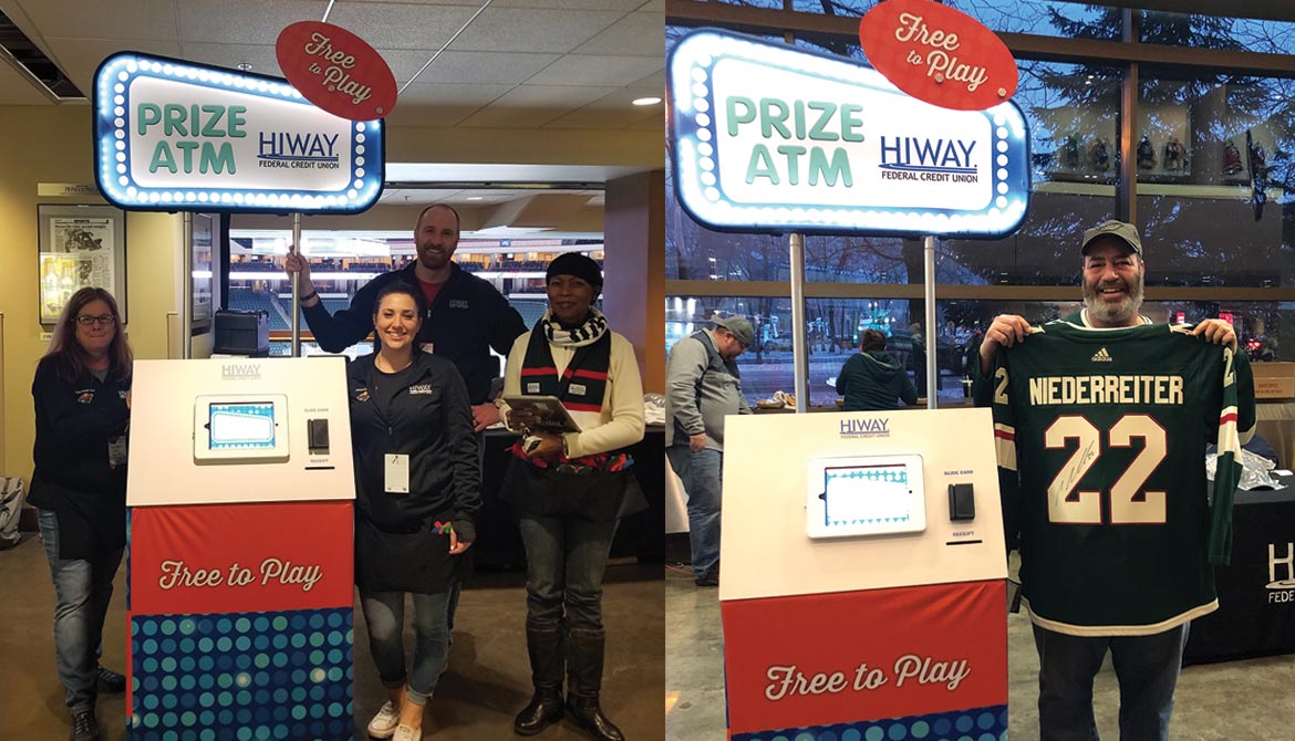 Two photos show the Hiway Federal Credit Union automated prize machine with credit union staff and a winner with a prize hockey jersey.