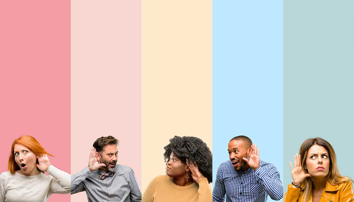 a diverse group of people on different color backgrounds listen to each other