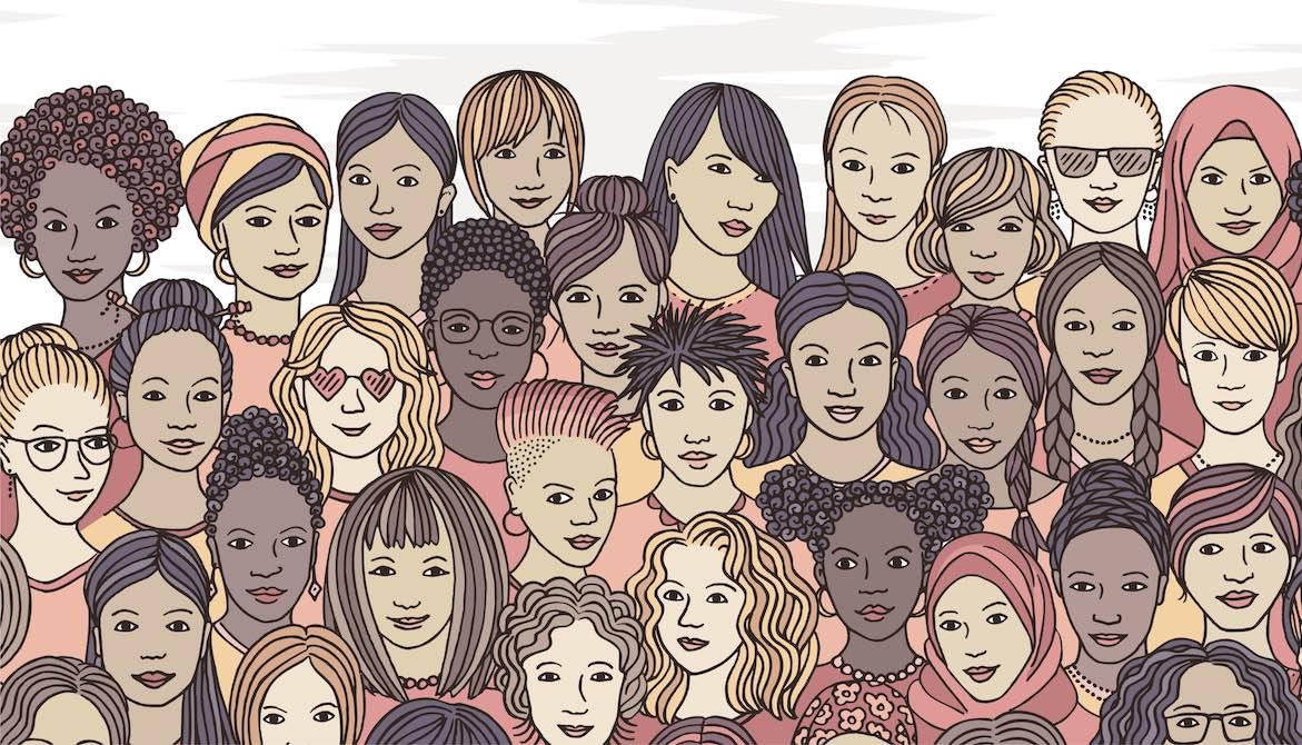 a variety of female faces from all over the world shows a diverse group of hand drawn women