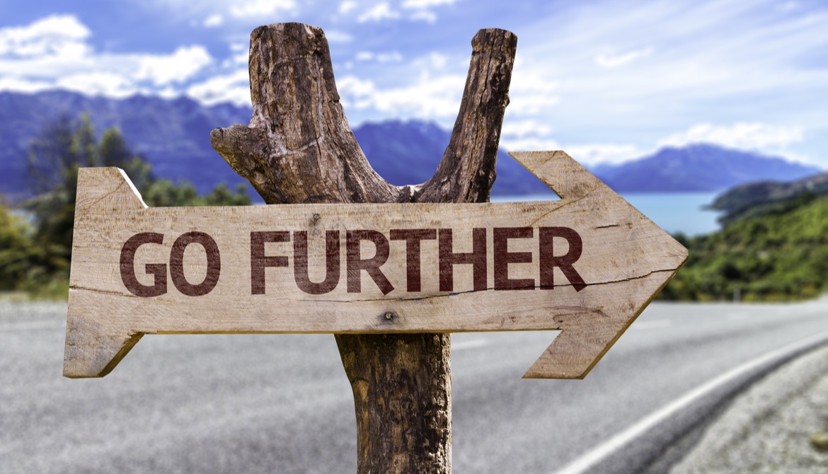 wooden sign along the road that says go further