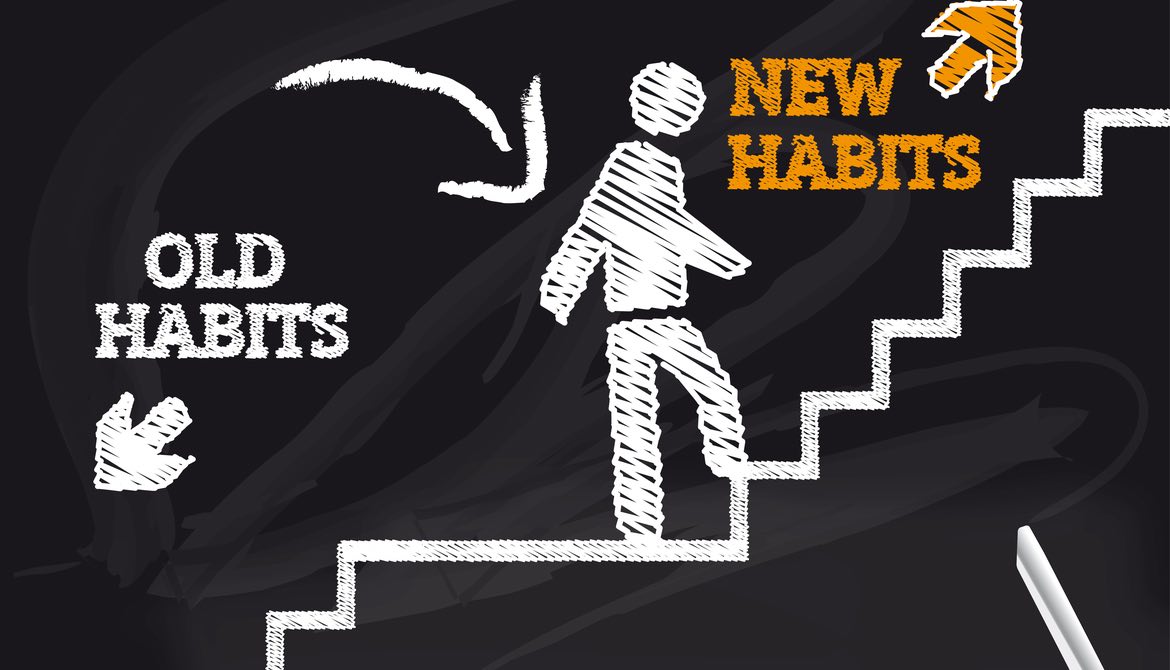 old and new habits staircase with chalk man going to new habits