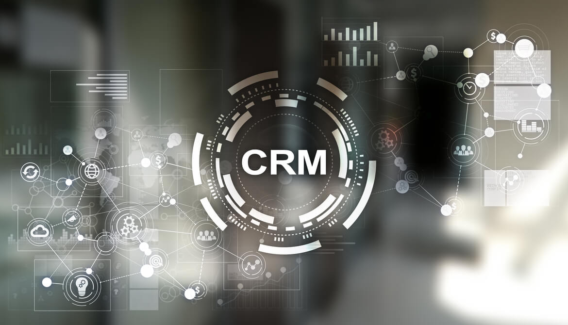 digital illustration of CRM customer relationship management system in center of network of member and sales data