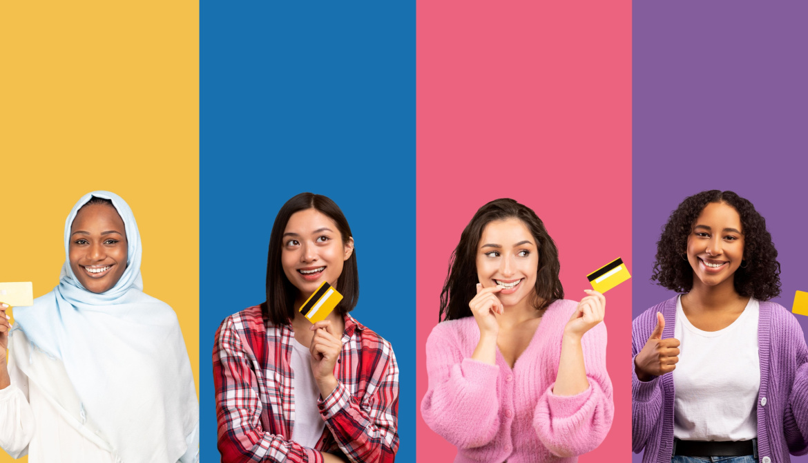a diverse group of young women against a colorful striped background