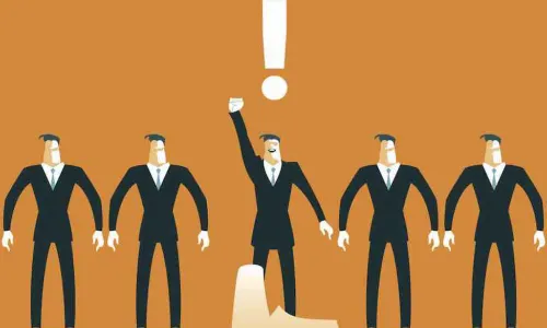 illustration of a lineup of businessmen in a row with a hand pointing at one