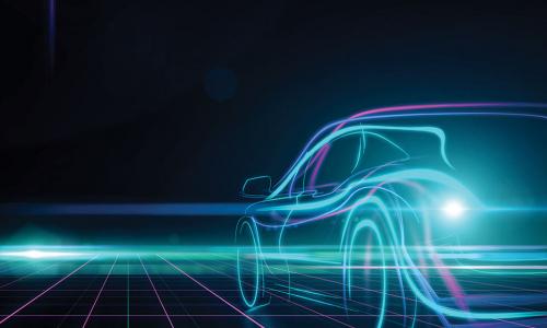 digital image of a car generated by blue and purple lines of light