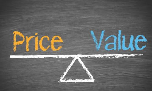 chalkboard drawing of Price balanced against Value on a seesaw