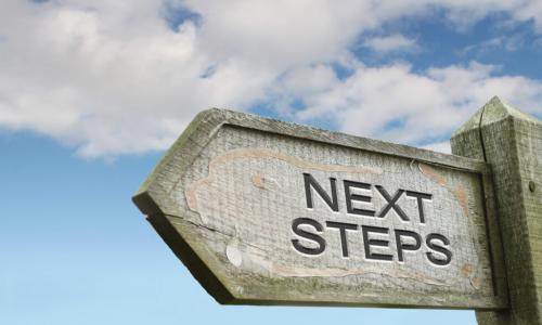 wooden sign pointing left saying next steps