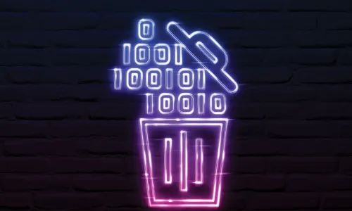 digital illustration of 1s and 0s data falling into an open trash can