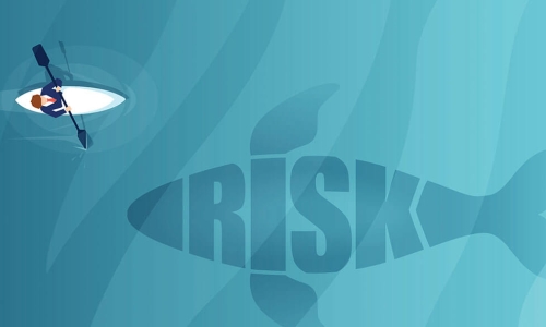 illustration of a businessman paddling a kayak above the word RISK in the shape of a whale under water