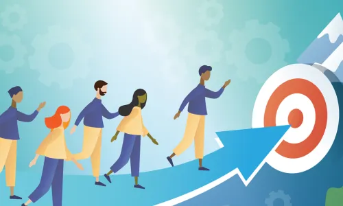 people walking on an arrow pointing at a bullseye on a target