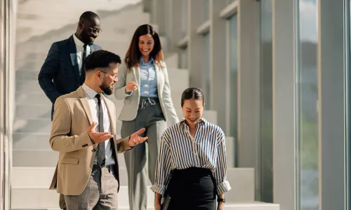 people walking down stairs talking