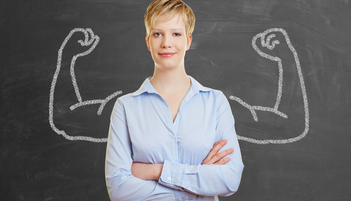 Businesswoman with illustration of big muscles denoting power