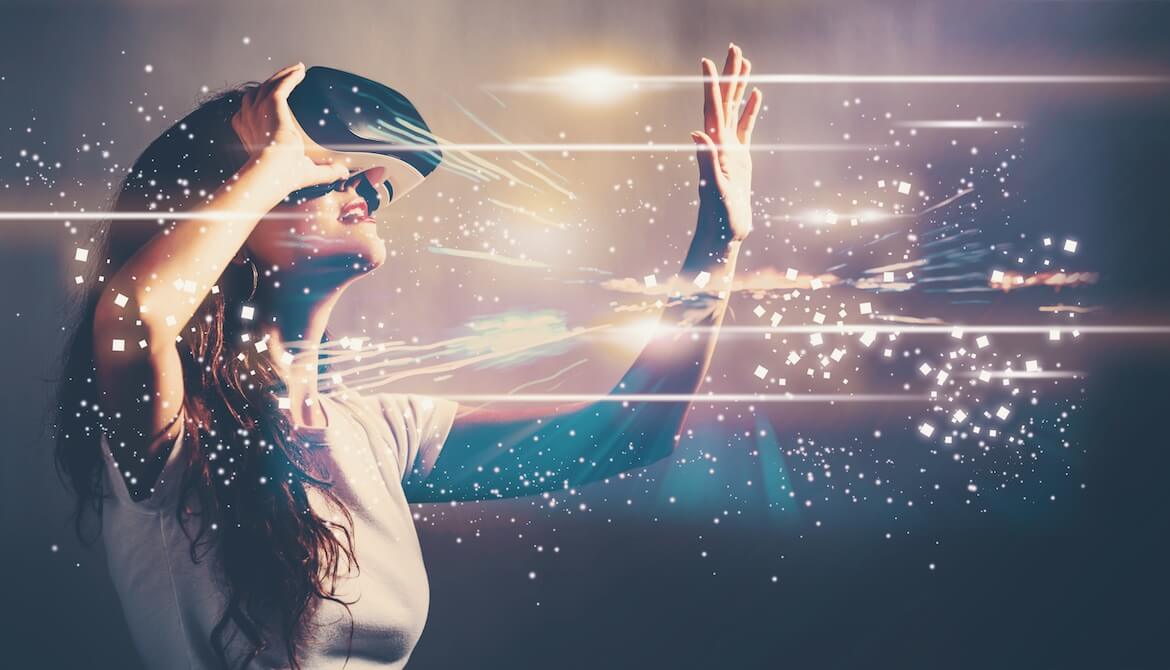 young woman viewing a network for information through a virtual reality VR headset