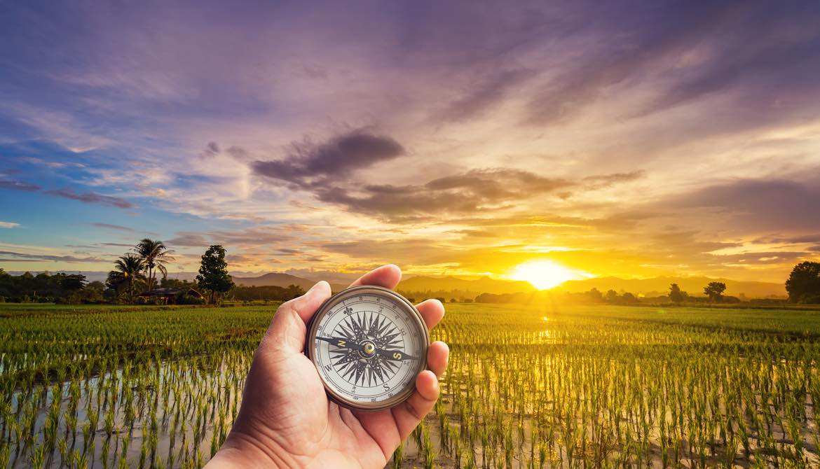 hand holding compass in a field with sunset in the background