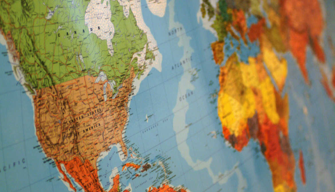 close up of world map focused on Canada and the United States