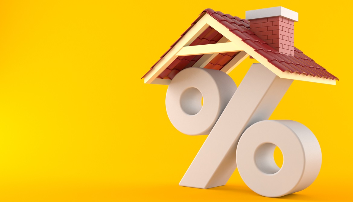 Percent symbol with house roof isolated on orange background 3d illustration