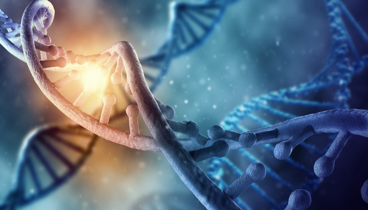 Blue picture of DNA with a brightly glowing section representing ethics