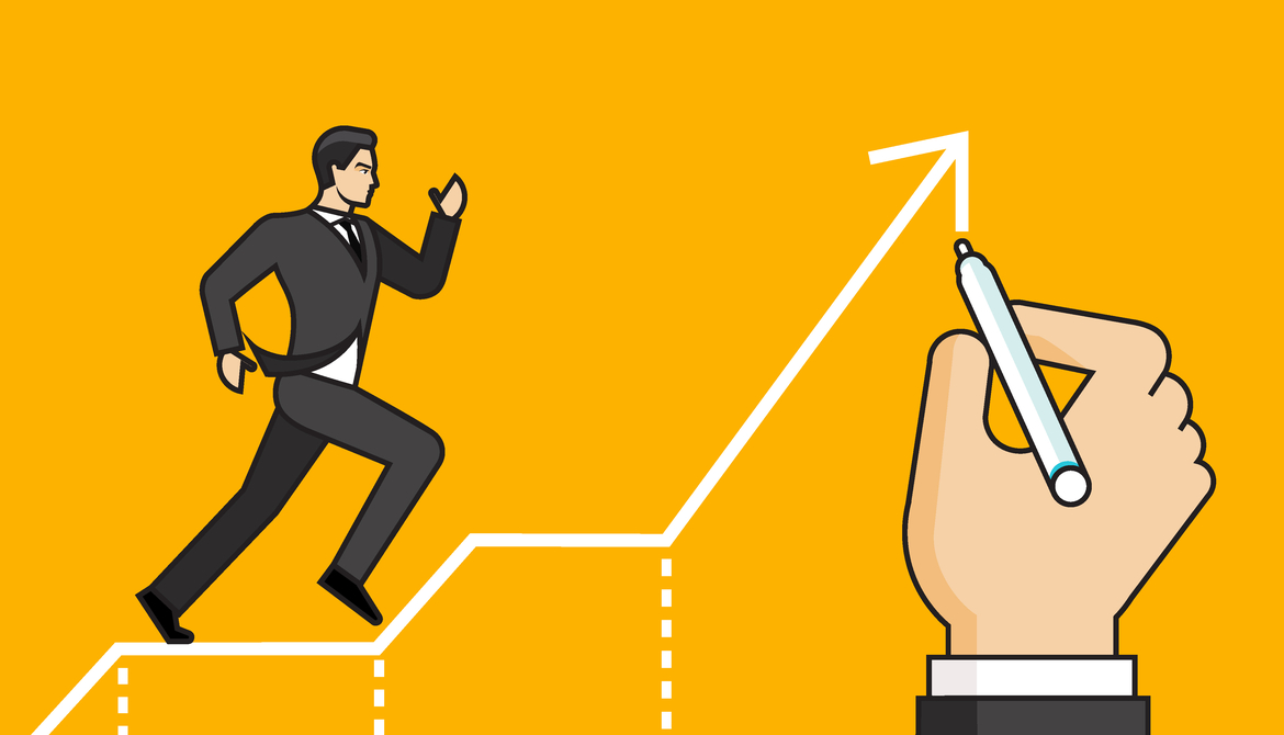 illustration of a man running up a graph being drawn on a yellow background