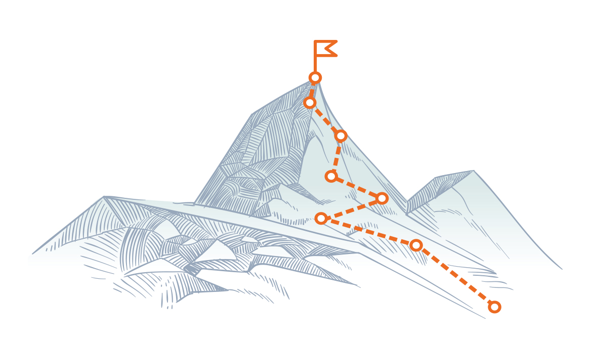 Drawing of a mountain peak with a path marked out to a flag at the top