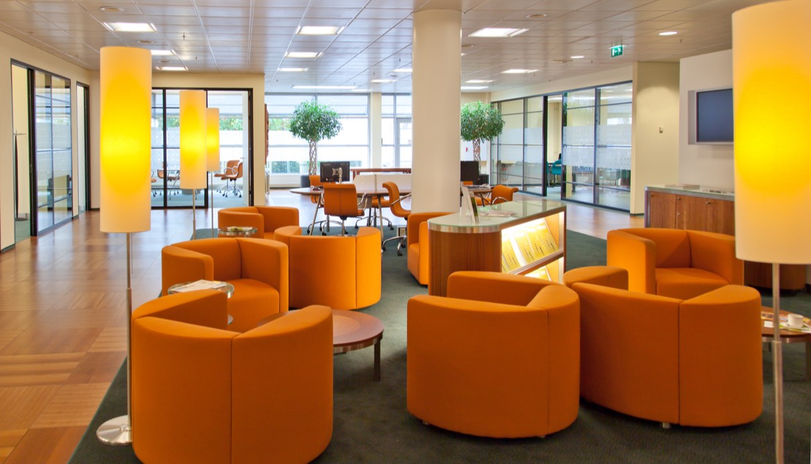 attractive branch lobby or office with welcoming orange seating