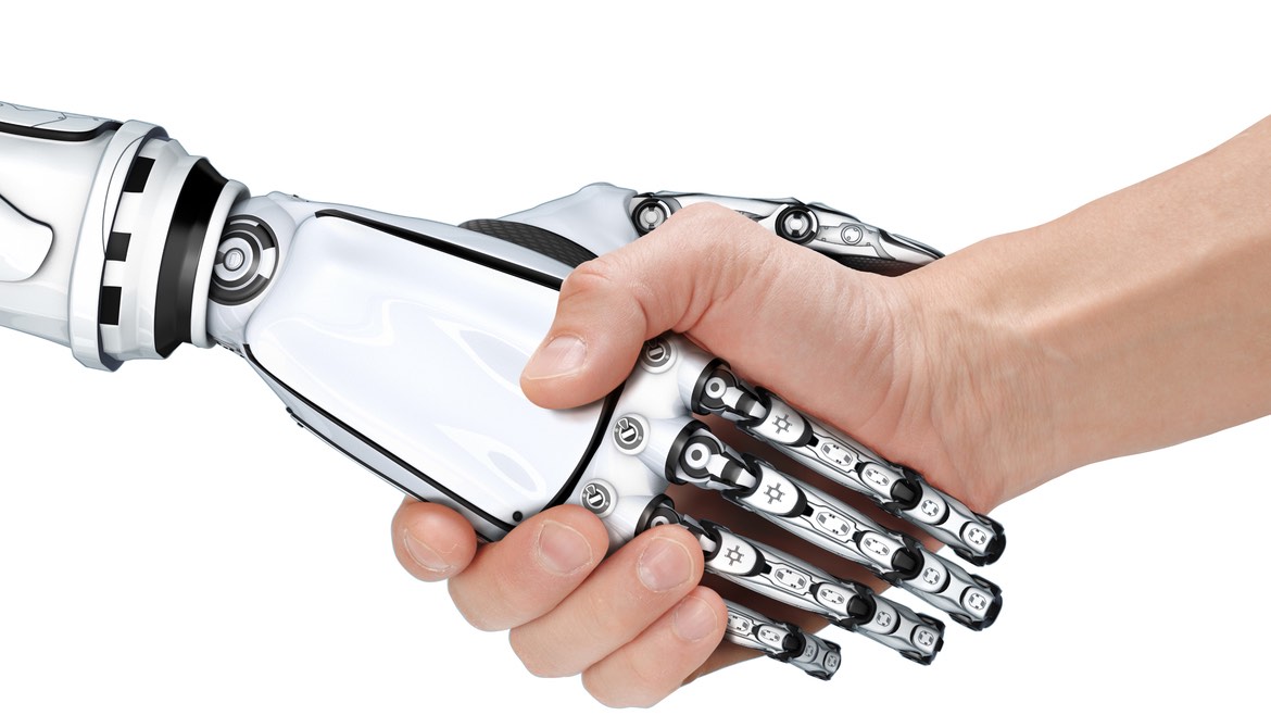 robot hand shaking human hand