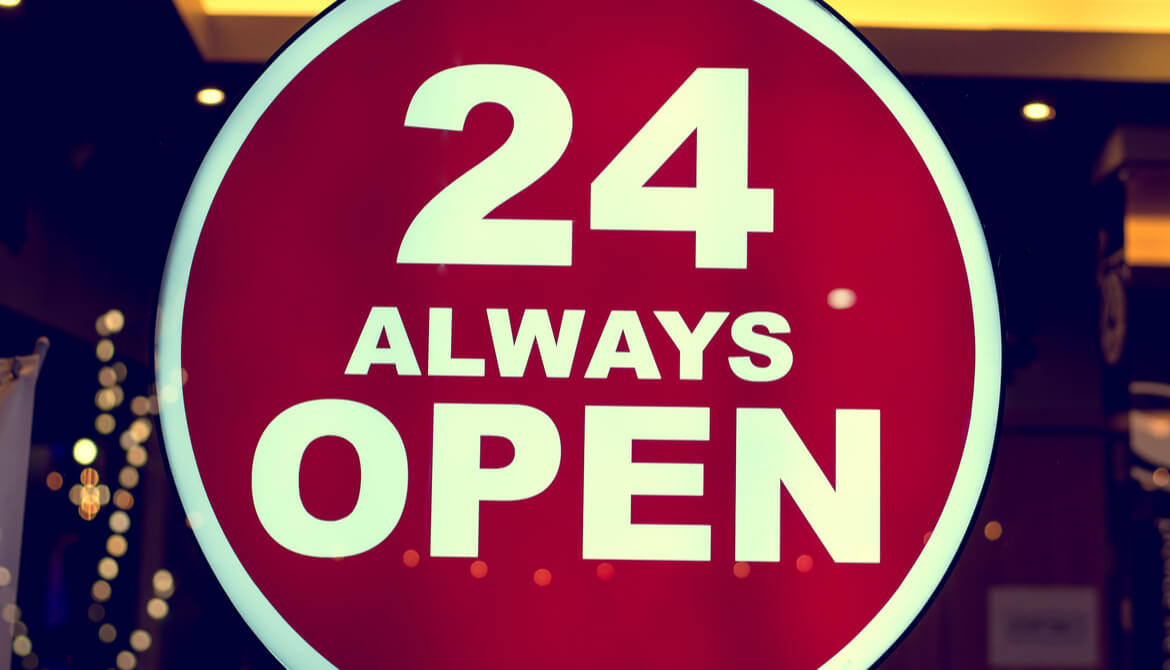 shop sign says 24 always open