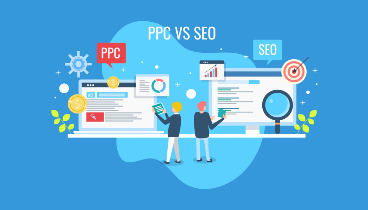 graphic comparing PPC pay per click advertising with SEO search engine optimization