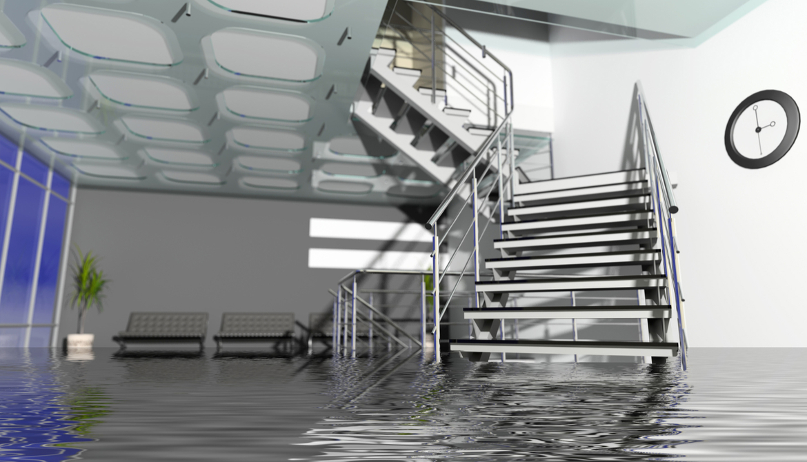 flooded modern branch office interior with metal stairs 