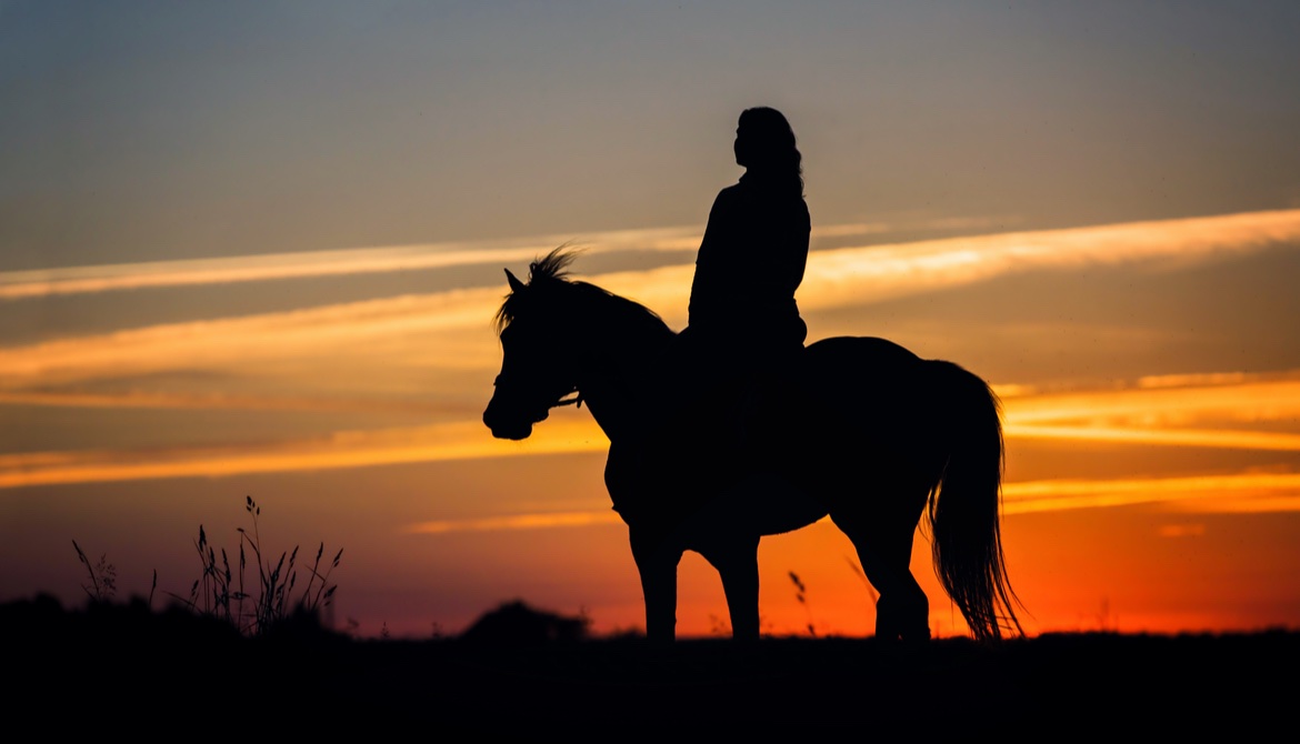 silhouette of woman riding horse slowly at sunset 