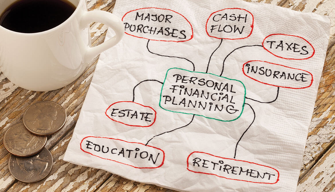 mug of coffee next to some quarters and a napkin doodle of personal financial planning