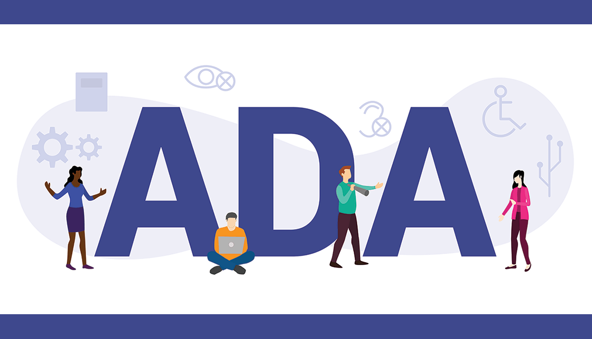 illustration of diverse people around the letters ADA with disability and accessibility icons