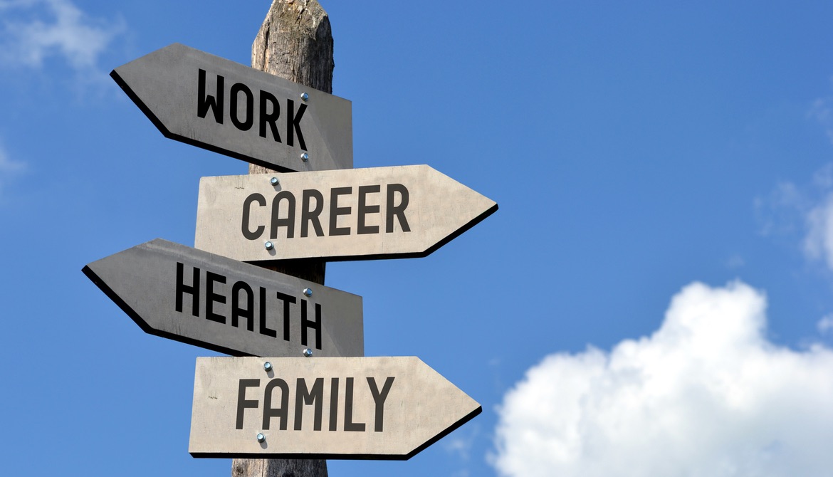 wooden arrow signs pointing to work career health and family in front of blue sky