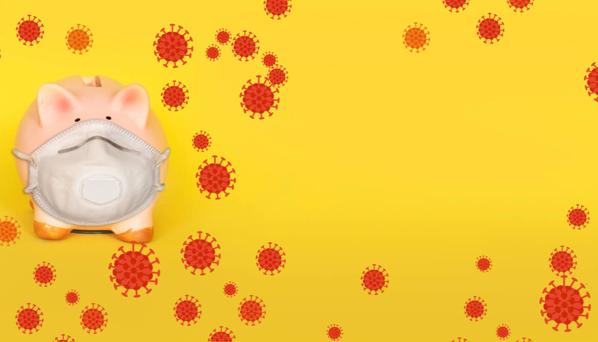 piggy bank wearing a mask with coronavirus illustrations