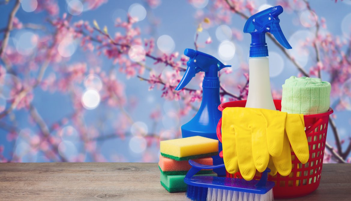 cleaning supplies on spring background