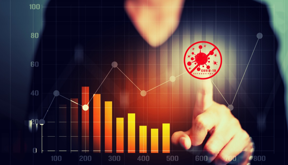 businesswoman points at glowing chart of transaction data with COVID-19 coronavirus image