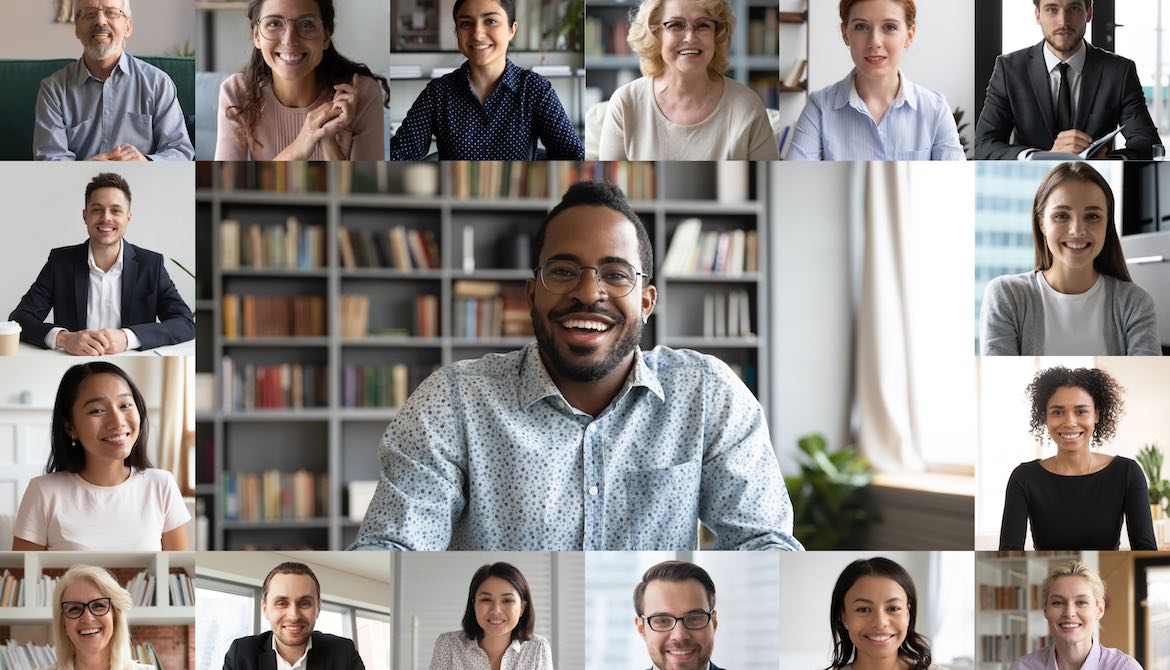 young African-American businessman leads team video conference