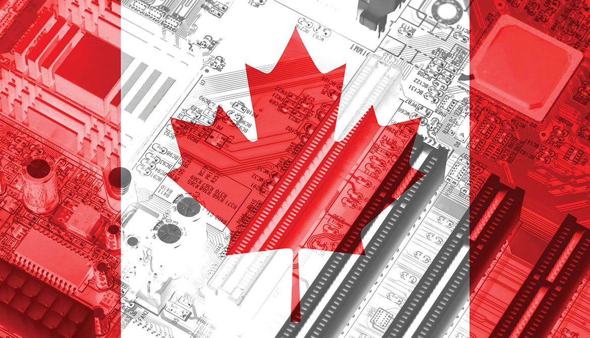 transparent Canadian flag displayed over image of computer motherboard