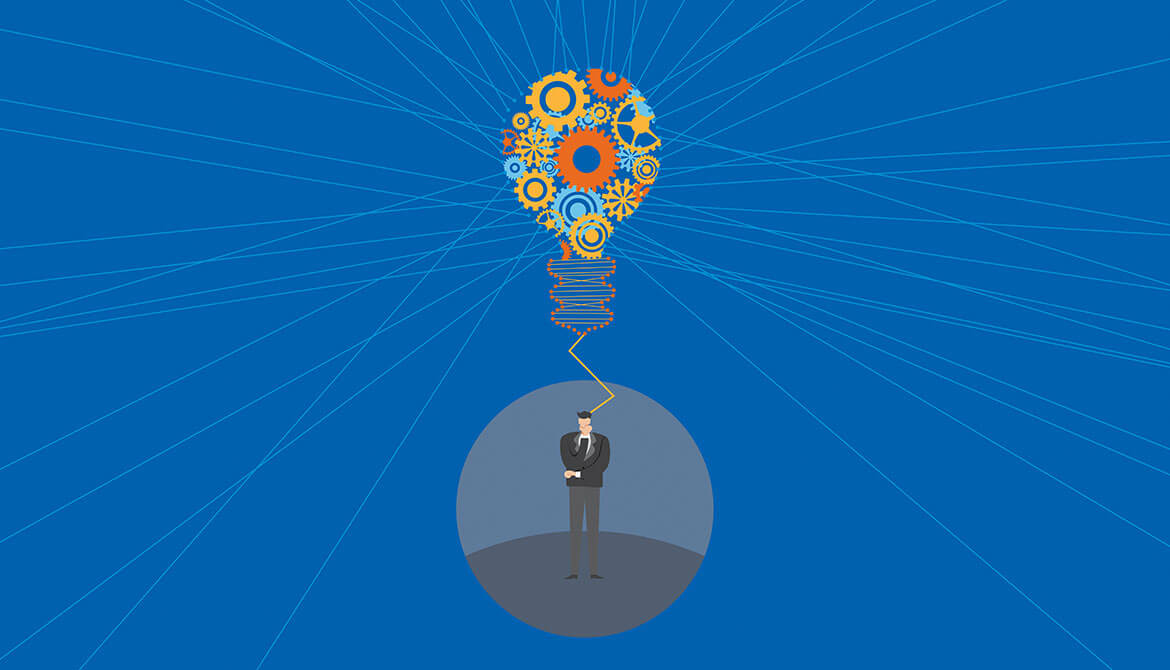 digital illustration of businessman thinking with colorful lightbulb made of gears floats above him