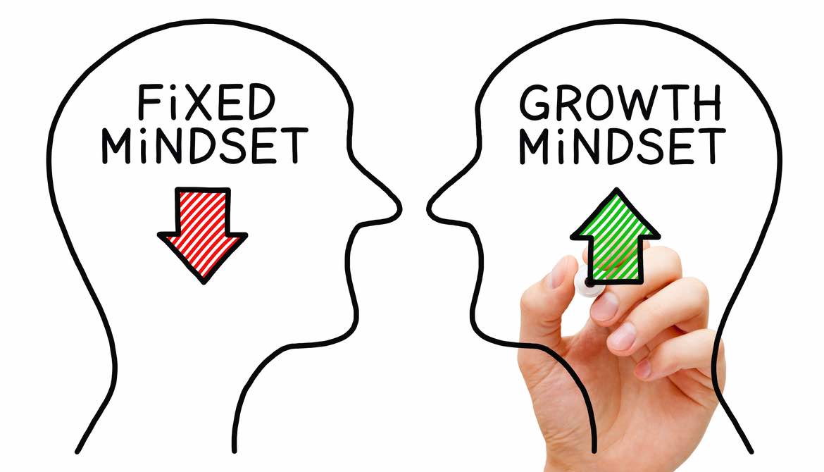 Hand drawing Fixed Mindset vs Growth Mindset success concept with black marker on transparent wipe board