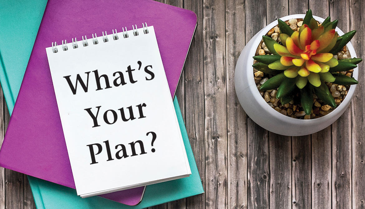 spiral notebook with words What’s Your Plan stacked on purple and teal books next to potted succulent plant