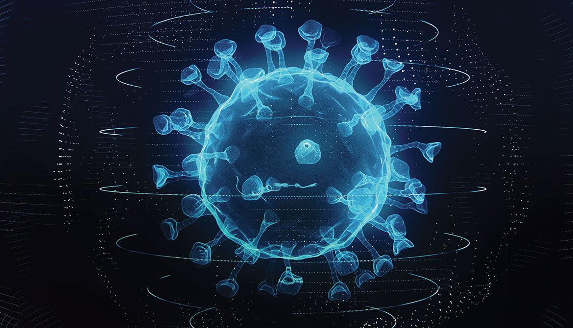 blue digital illustration of a virus