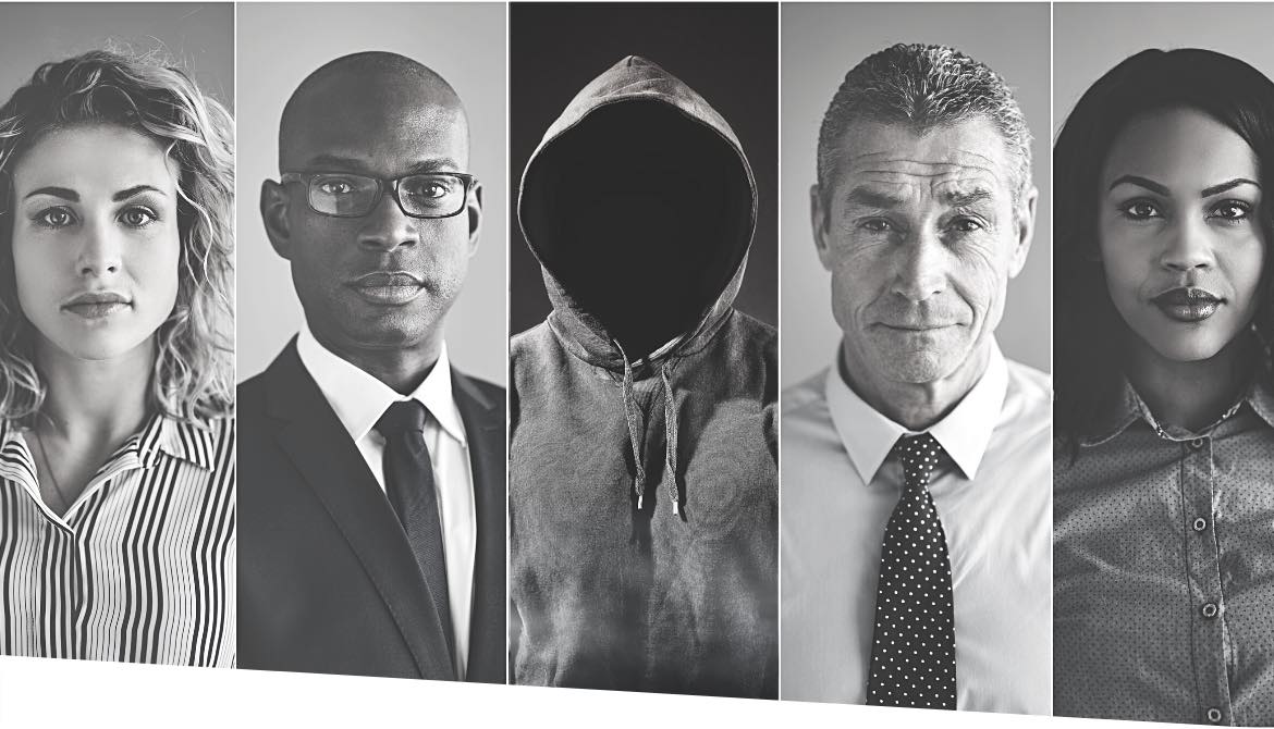 panels with diverse faces including a fraudster in a hoodie