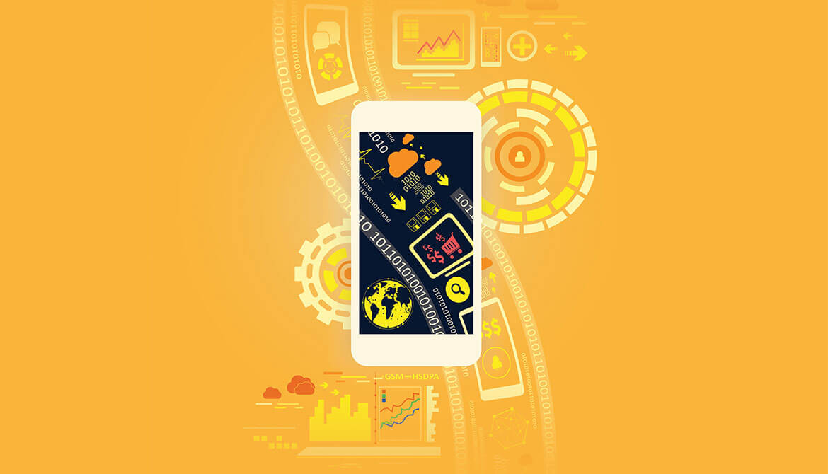 digital illustration of a white smartphone displaying data 1s and 0s and clouds arrows and magnifying glass