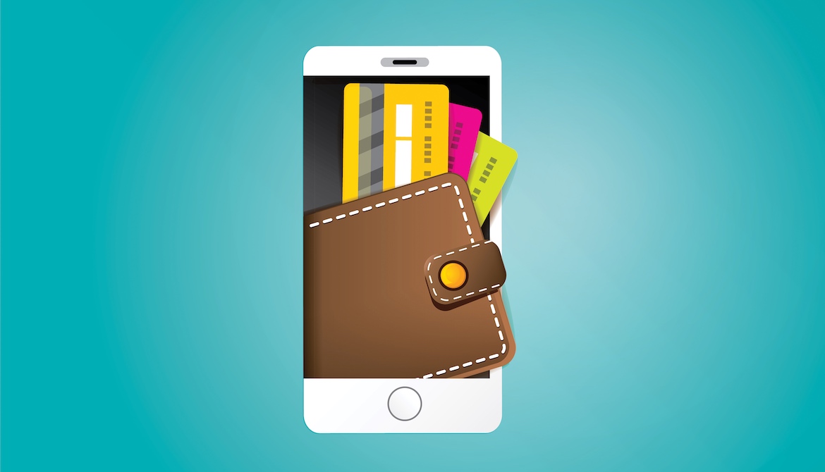 illustration of wallet full of colorful credit cards popping out of a phone screen