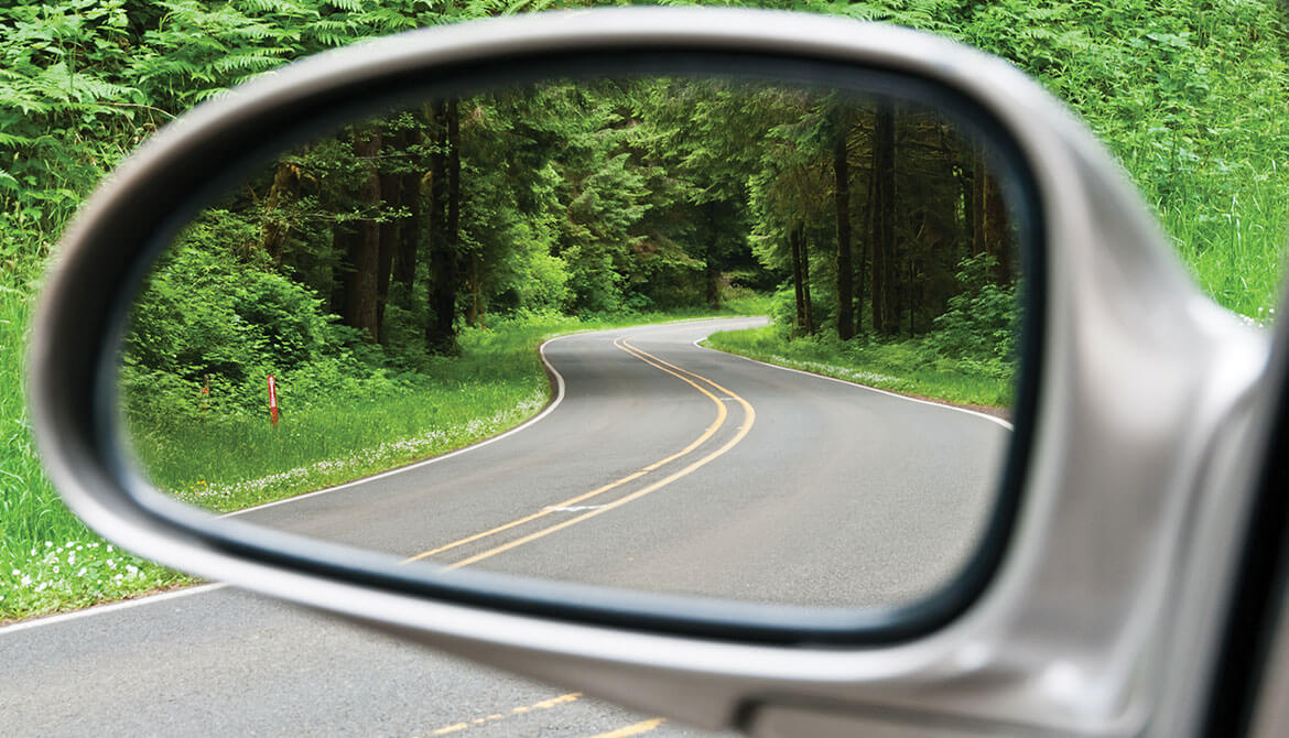 reflection of winding forest road in side mirror of car