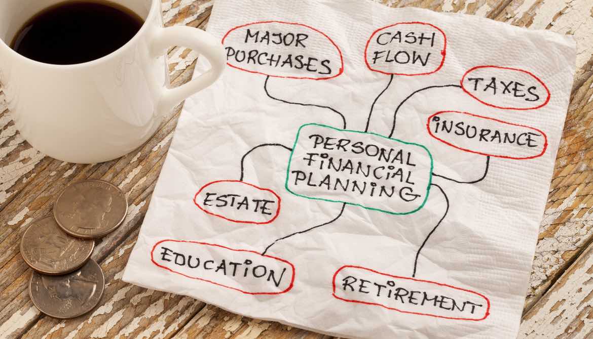 coffee by napkin with financial planning terms and coins