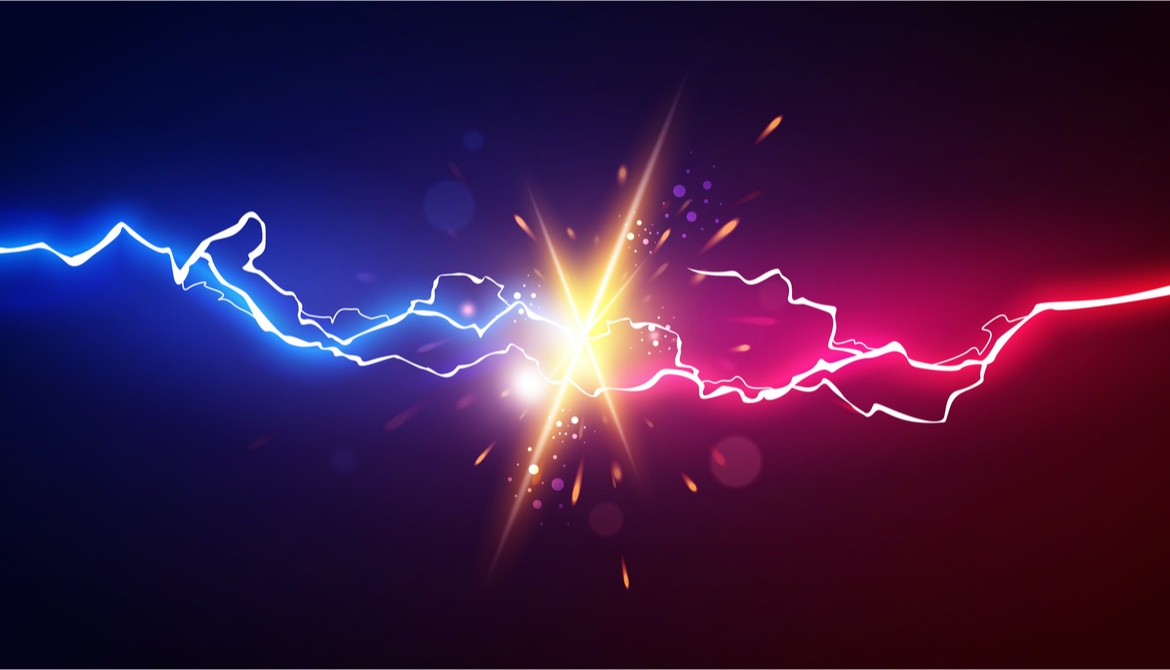 competing different colored streaks of lightning collide and spark