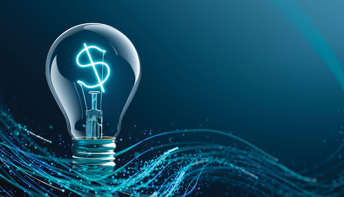 lightbulb with a dollar sign-shaped filament floating above blue digital swirls